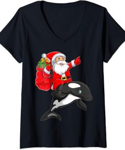 Womens Orca Lover Funny Santa Riding Orca Christmas V-Neck T-Shirt