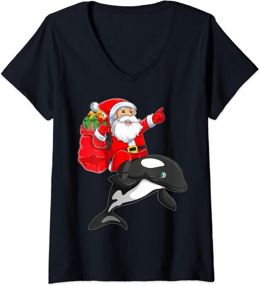 Womens Orca Lover Funny Santa Riding Orca Christmas V-Neck T-Shirt