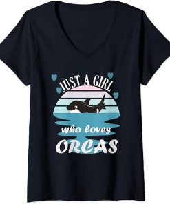 Womens JUST A GIRL WHO LOVES ORCAS V-Neck T-Shirt