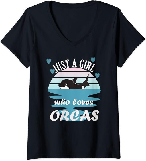 Womens JUST A GIRL WHO LOVES ORCAS V-Neck T-Shirt