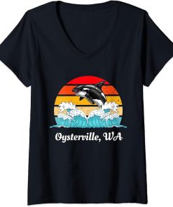 Womens Vintage Oysterville WA Distressed Orca Killer Whale Art V-Neck T-Shirt