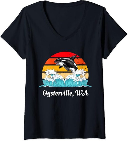 Womens Vintage Oysterville WA Distressed Orca Killer Whale Art V-Neck T-Shirt