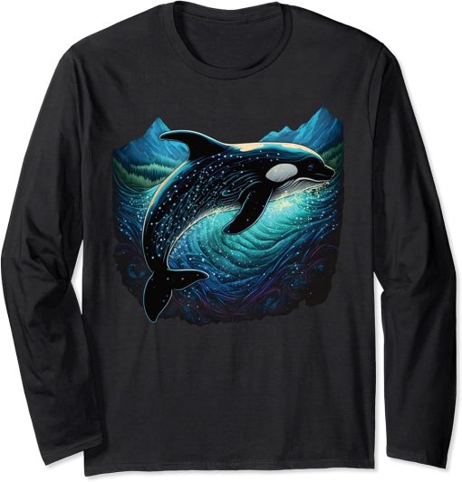 Colourful mystical orca whale watching dolphin pottwhale orca whale Long Sleeve T-Shirt